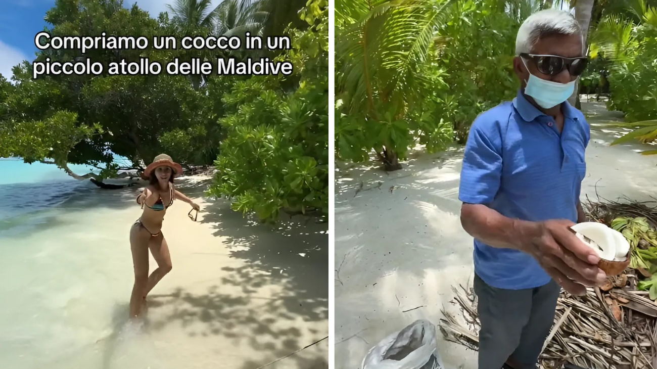 turisti comprano cocco spiaggia maldive